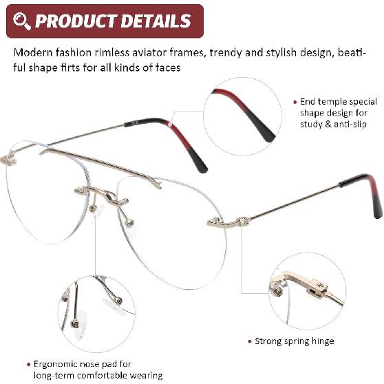 DOOViC 3 Pack Trendy Rimless Aviator Reading Glasses For Women Men Stylish Blue Light Blocking Readers Retro Metal Frame