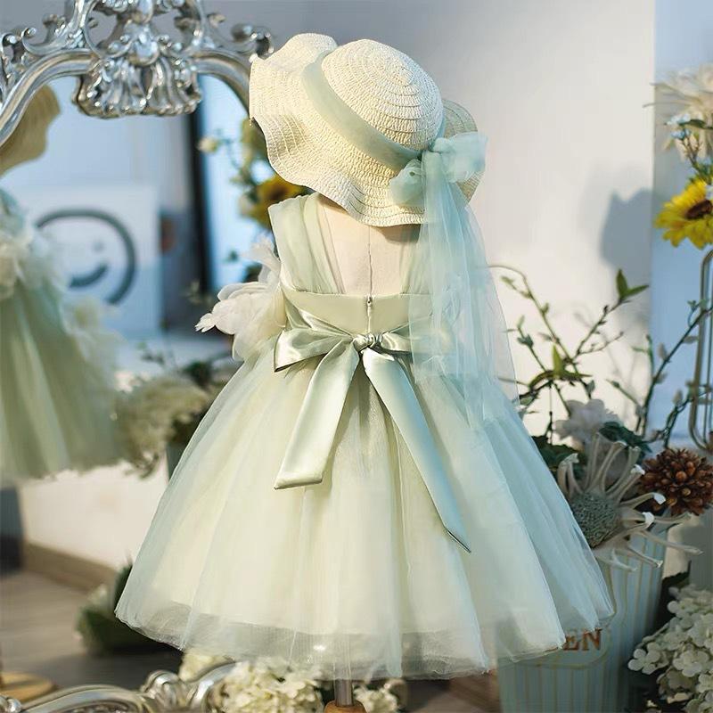 Girls Mint Green Tulle Dress With 3D Flowers And Bows Fairy Party Gown For Children