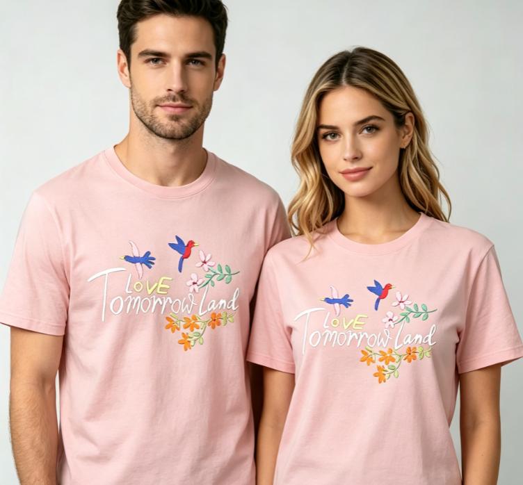 2026 New Unisex Black Crew Neck Tshirt Love Tomorrowland Colorful Birds Floral Front Print Edm Festival Oversized Cotton Tee