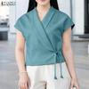 Женская летняя блузка с V-образным вырезом, коротким рукавом, повседневная, на шнуровке