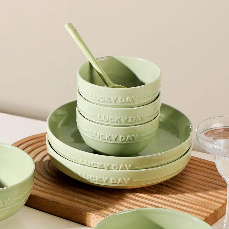 Creative Matcha Green Embossed Ceramic Dishware Set: Includes Plates, Rice Bowls, and Large Soup Bowl
