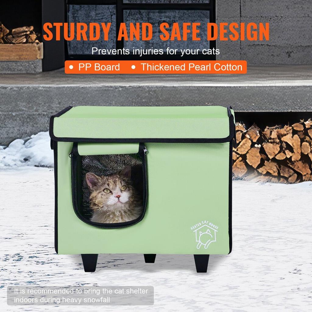 Elevated Heated Cat House Cuboid Kitty Shelter with Heated Pad Green (S)