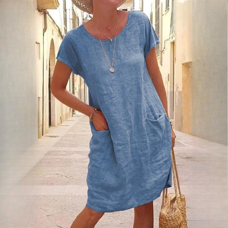 GMXIA Women's Summer Loose Solid Colour Pocket Short Sleeve O-Neck Washed Cotton Linen Dress