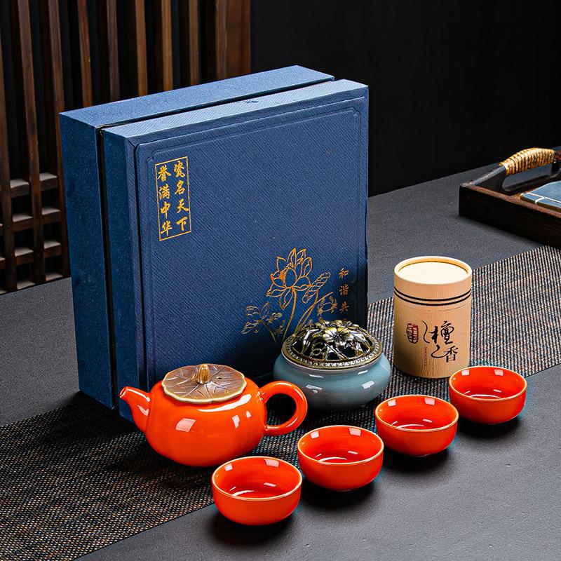 Guochao Ceramic Tea Set, One Pot, Two Cups and Four Cups Travel Gift Box Set.
