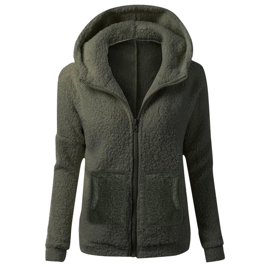 Women's Fashion Solid Colour Sweatshirt Loose Hooded Plush Zip Up Jacket Top