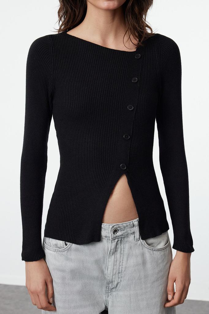 Женский свитер в элегантном стиле, черный трикотаж из пряжи премиум-класса на пуговицах, свитер из специальной пряжи