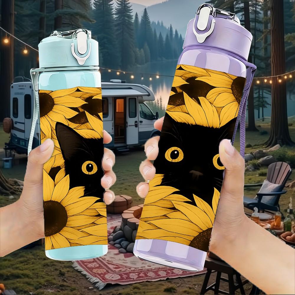 1PC Black Cat Sunflower Pattern Print 750ml Color Plastic Sports Water Bottle Leakproof Flip Straw Lid Suitable for Sports Office Home Use