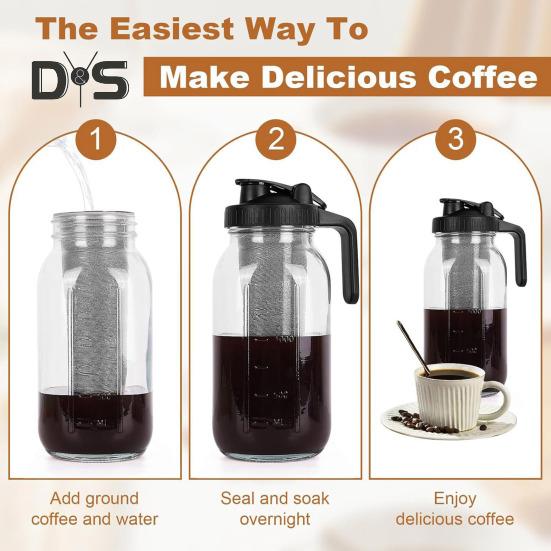 Cold Brew Coffee Maker 32oz/64oz Glass Pitcher with Stainless Steel Filter Wide Mouth Mason Jar Pitcher for Iced Tea Lemonade