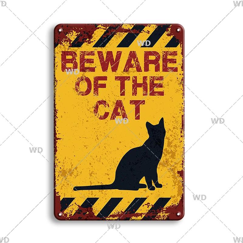 Предупреждение Опасность Металлические Знаки Остерегайтесь Животных Постер с Котом Винтажная Настенная Табличка Металлическая Тарелка Паб Бар Дом Живопись Декор для Мужской Пещеры