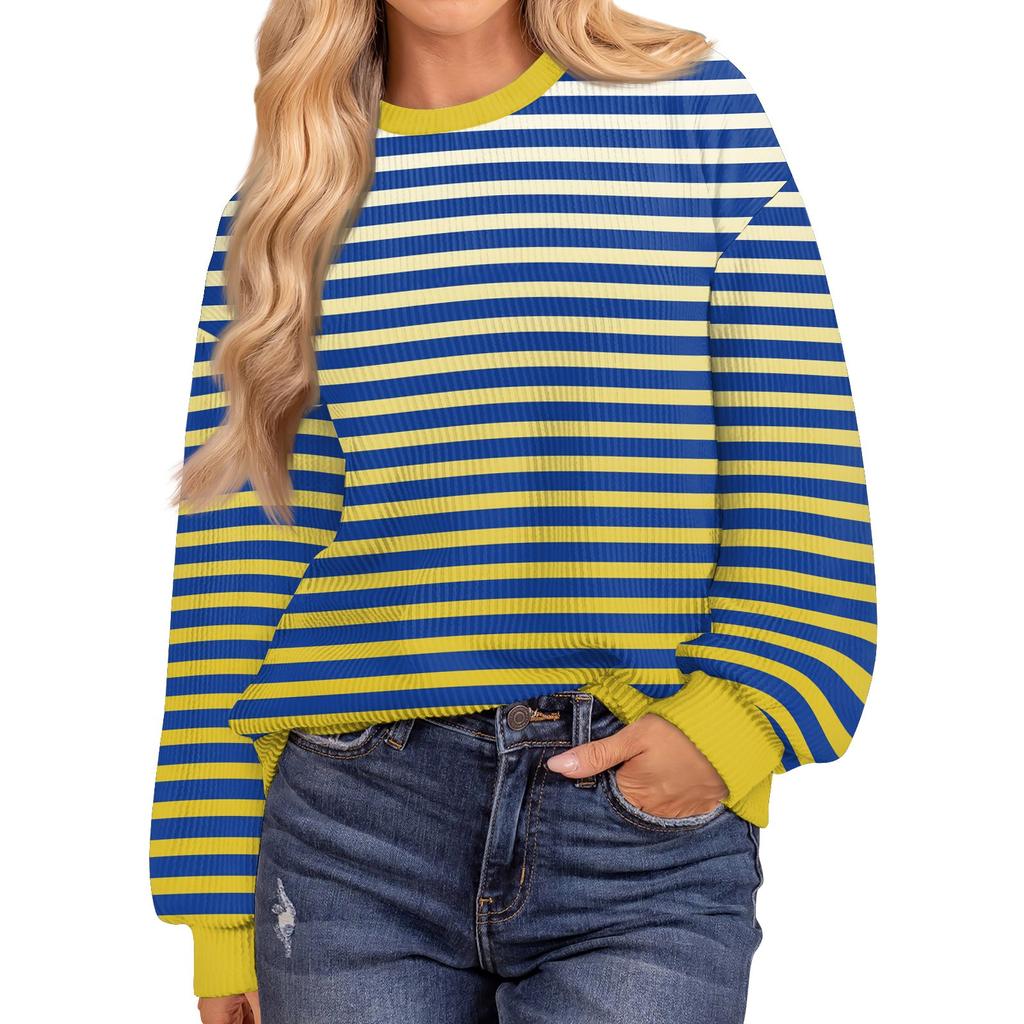 Женские повседневные свободные туники, топы с круглым вырезом, трикотажные ребристые рубашки с принтом, длинный рукав, пуловер, топ