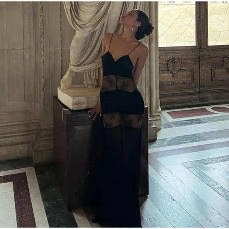 Кружевное прозрачное платье макси на бретелях, женское сексуальное облегающее черное платье без рукавов с открытой спиной, длинное женское платье 2025 года для летней вечеринки