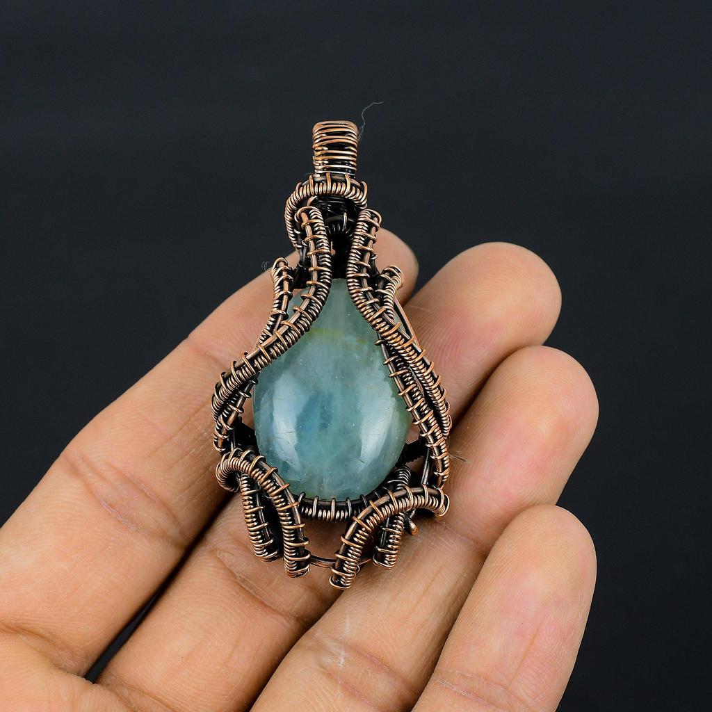 Aquamarine 999 Copper Wire Wrapped Pendant, Handmade Gemstone Pendant Jewelry, Gifts For Wife Brand New Pendant