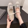 Fashion Flat Retro Square Toe Mary Jane Shoes Women's Outside Wear 2025 Spring New Rhinestone Square Button Single Shoes