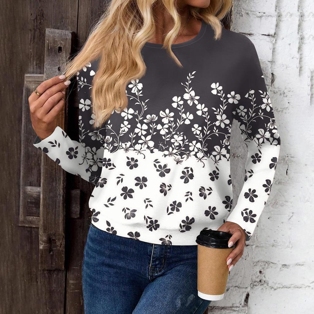 Women's Fashionable Casual Long Sleeved Printed Off Shoulder Round Neck Top