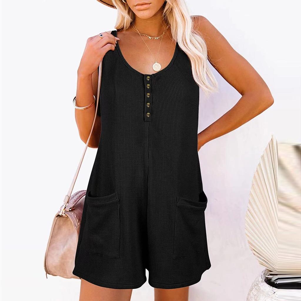 Женский повседневный комбинезон с круглым вырезом и карманами без рукавов, майка на пуговицах, шорты, комбинезон