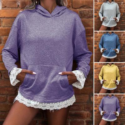 Женское худи оверсайз с кружевной отделкой, осеннее повседневное свитшот с длинным рукавом, свободный пуловер, топы с карманом