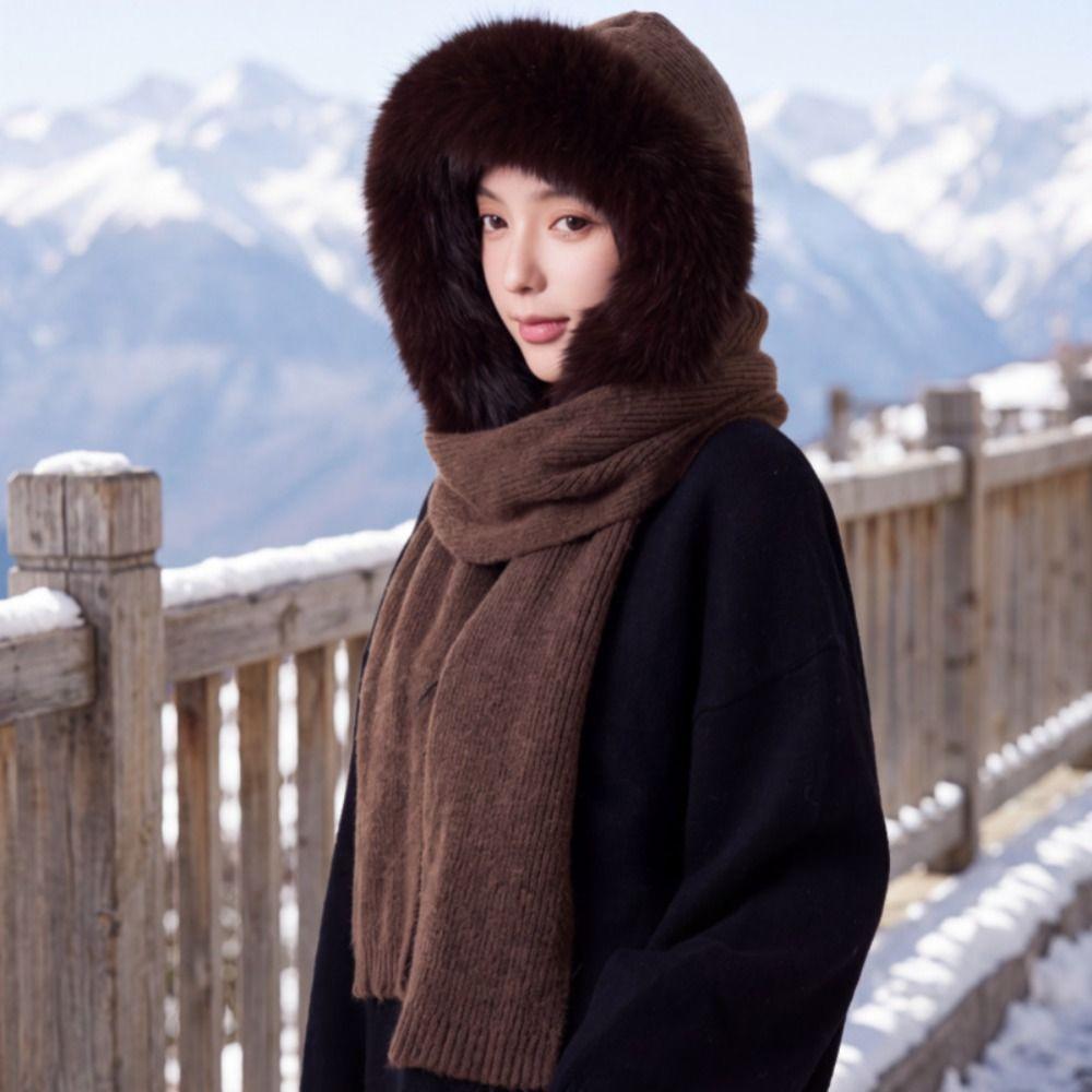 Plush Knitted Balaclava Hat Wool Blend Hat and Scarf 2-in-1 Knitted Hooded Scarf Winter/Autumn