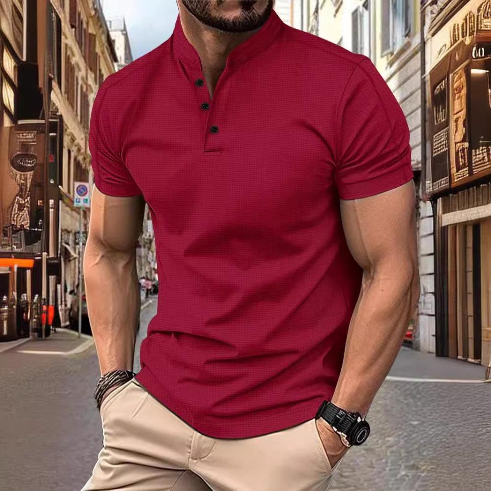 Men's short-sleeved polo shirt with a stand-up collar and waffle henley neckline