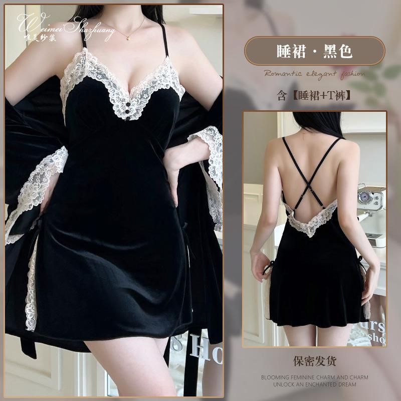 Sexy female autumn and winter new velvet slit suspender pure desire suspender nightgown set