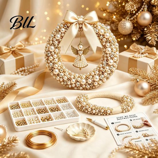 Craft Kits for Adults DIY Christmas Pearl Wreath Kit, Handmade Beaded Holiday Door Decor, Elegant Seasonal Home Decor Wall Hanging Project Art