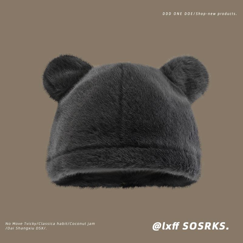 Плюшевая шапка с медвежьими ушками для женщин на зиму Новая милая, уменьшающая возраст, панама из европейской норки, универсальная теплая шапка