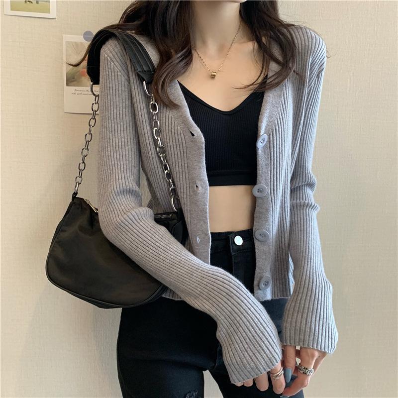 Women Autumn V Neck Long Sleeve Solid Color Cropped Single Breasted Sweater Slim Cardigan Knitwear