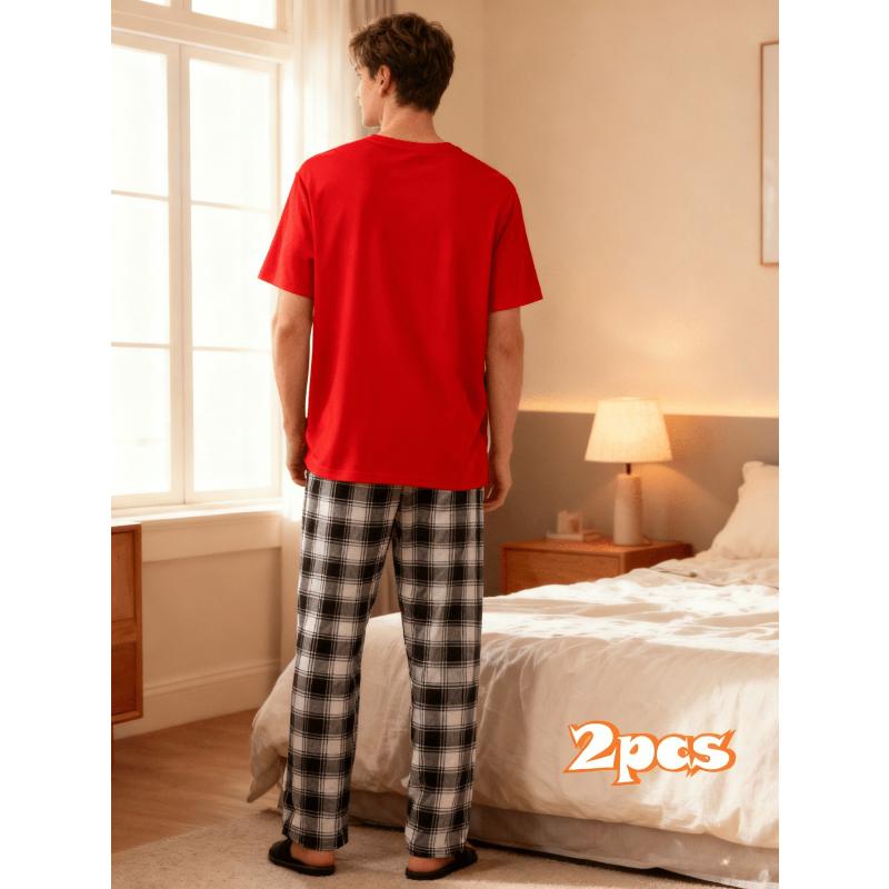 Family Matching Outfit, Comfortable Short Sleeve Tees & Classic Checkered Trousers for Spring Festival Home Wear & Outdoor Trips