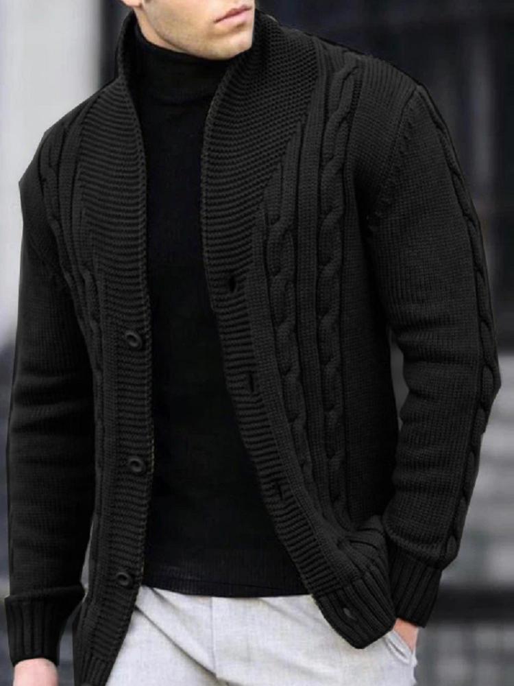 Men's Cable Knit V-Neck Cardigan Sweater with Buttons, Casual Open Front Knitwear In Dark Grey