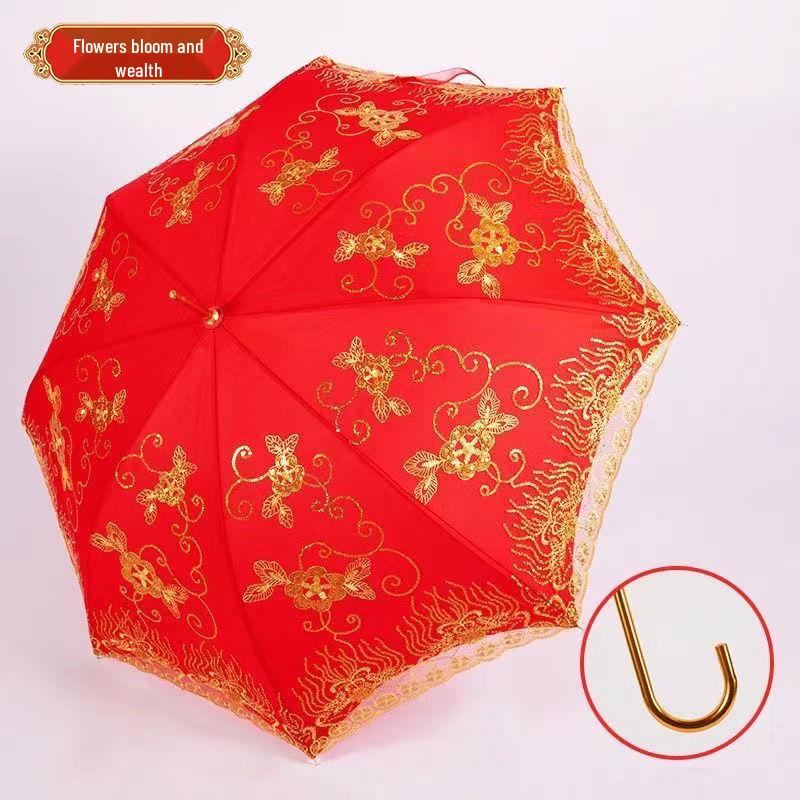 Ярко-красный вышитый свадебный зонт с кружевным краем и длинной ручкой