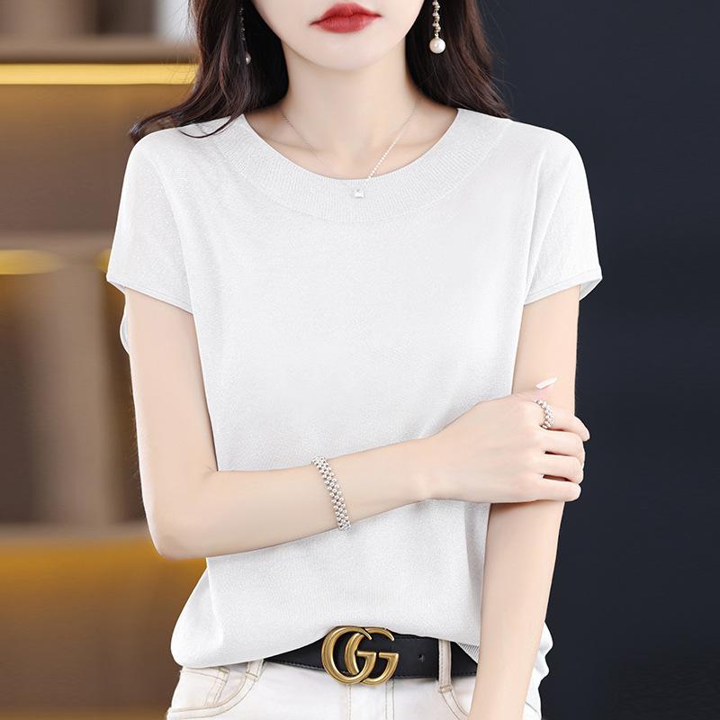 IHUASU Women's Ice Silk Short-sleeved T-shirt Summer Bright Silk Temperament Jersey Linen O-neck Blouse Thin Versatile Loose