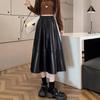Women's Black PU Leather Midi Skirt with Elastic Waist - A-Line, Slimming, Full Circle Design for Autumn/Winter