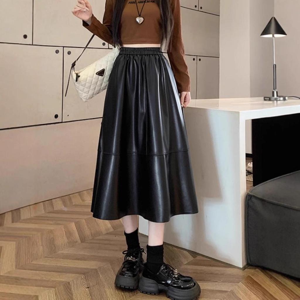 Women's Black PU Leather Midi Skirt with Elastic Waist - A-Line, Slimming, Full Circle Design for Autumn/Winter