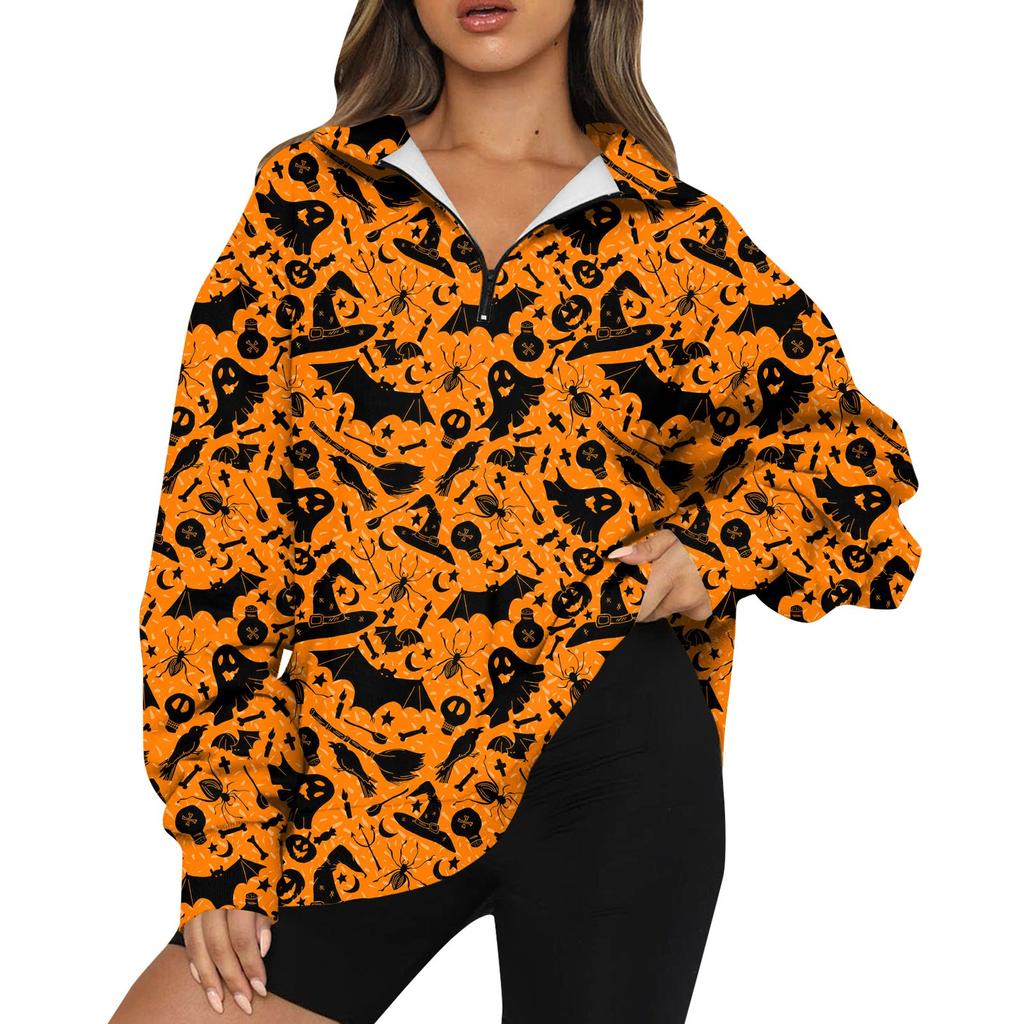 Women's Fashion Casual Long Sleeve Halloween Printed Zipper Turtleneck Drop Shoulder Sweatshirt Top