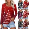 Рубашка для женщин, модная, повседневная, с квадратным вырезом, длинным рукавом, свободная, с рождественским принтом, женская футболка, топ