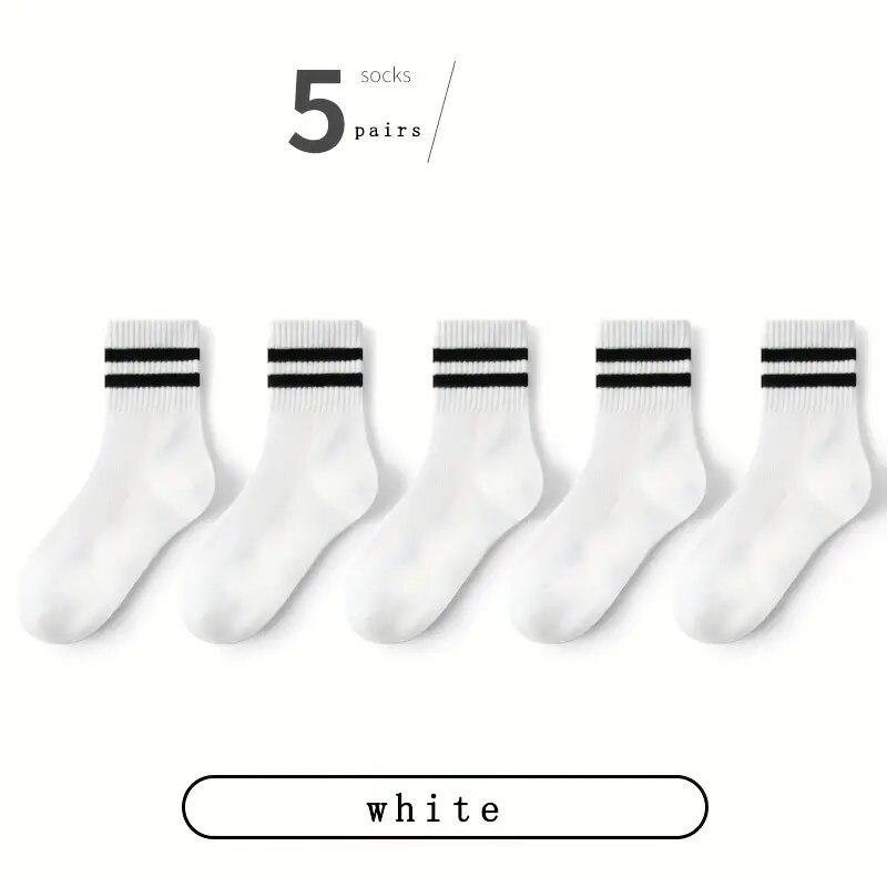 5 пар женских носков средней длины, однотонные, с параллельной полоской, простые, модные, спортивные, влагоотводящие, высококачественные носки для девочек