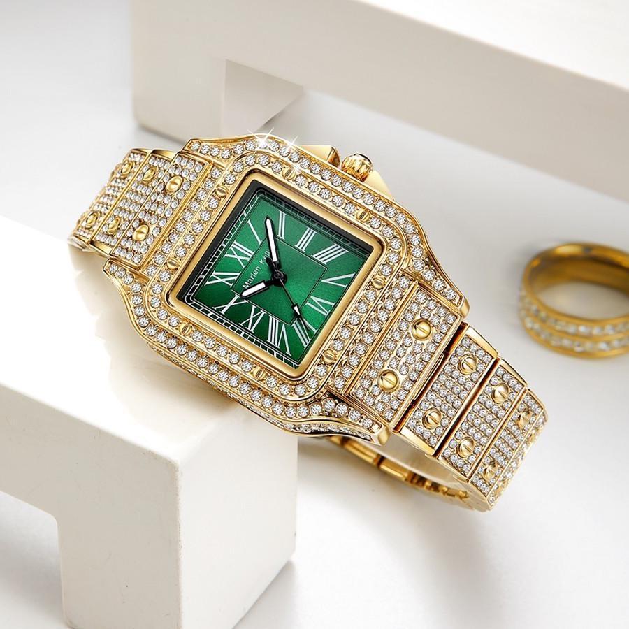Винтажные Женские Часы с Римскими Цифрами Золотые Iced Out Квадратные Кварцевые Наручные Часы с Бриллиантами Водонепроницаемые Светящиеся Роскошные Часы для Женщин