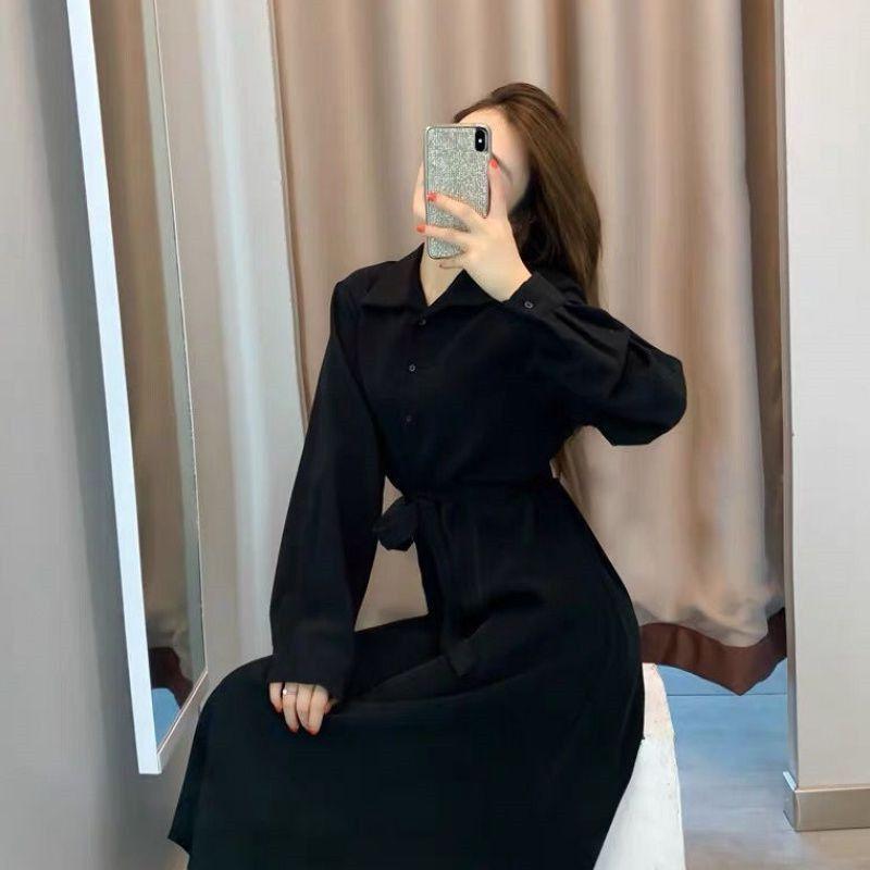 Spring and autumn new French art students commute wear high-end small long-sleeved black dress women