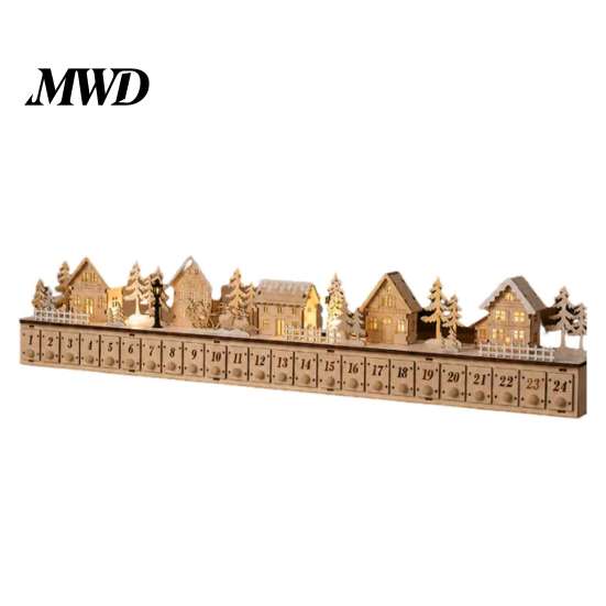 Rustic Wood Advent Calendar for Family Light-Up Wooden Christmas Village Calendar, 24 Drawers Countdown Festive Table Centerpiece Party LED