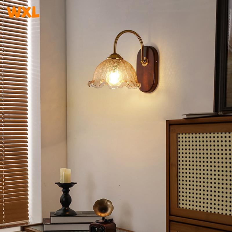 Nordic Minimalist Bedroom Bedside Lamp American Retro Living Room Wall Corridor Corridor Lamp Japanese Solid Wood Glass Wall Lam