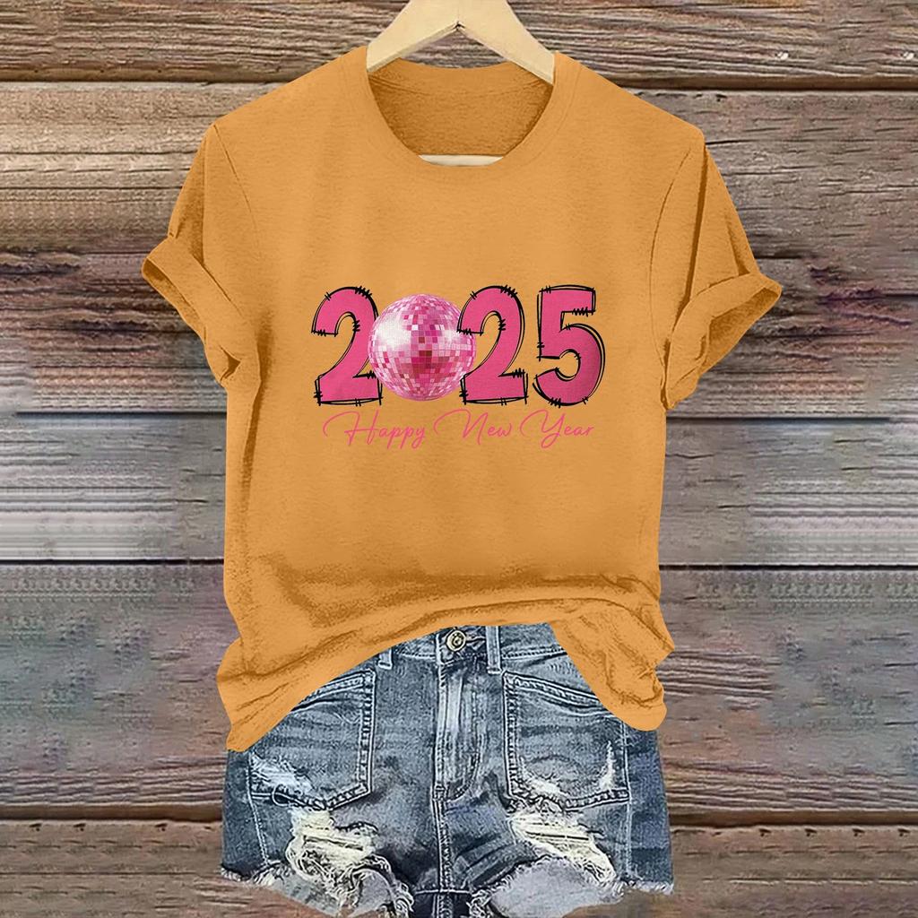 Women's Long Sleeve Round Neck T-Shirts 2025 New Year Print Puff Sleeve Shirts Button Blouses Tops