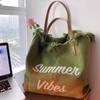Women Letters Embroidery Canvas Bag One Shoulder Underarm Messenger Bag Large Tote Beach Bag Shopping Bag Women Canvas Handbag
