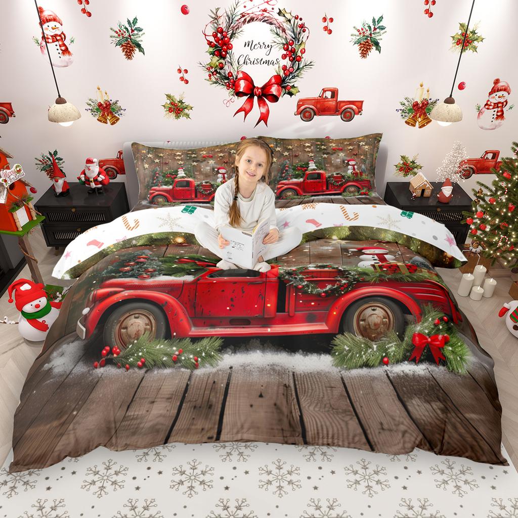 Homewish Kids Merry Christmas Duvet Cover Set 2pcs/3pcs, Xmas Tree Santa Claus Bedding Set, Kawaii Snowman Quilt Cover Set