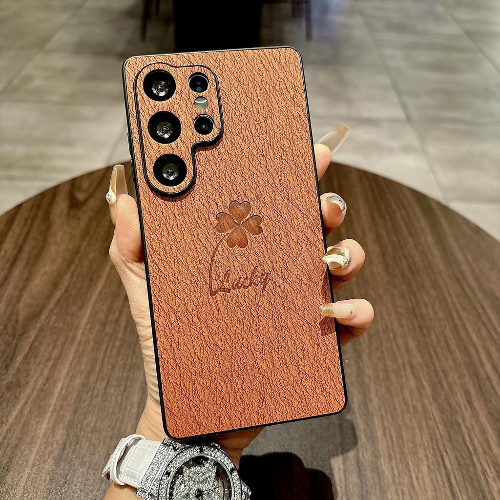 Чехол для телефона Samsung S25 Ultra/S24 FE с текстурой кожи, с магнитным кольцом - Дизайн с четырехлистником, Полное покрытие, Простой и тонкий.