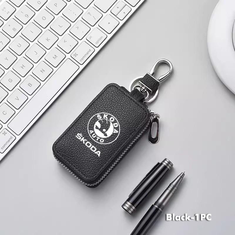 Car Key Bag Zipper Case PU Leather Anti-Theft Key Fob Pouch For Skoda Kamiq Karoq Octavia 2 3 Rapid Scala Kami Fabia VII VRS ZJ9