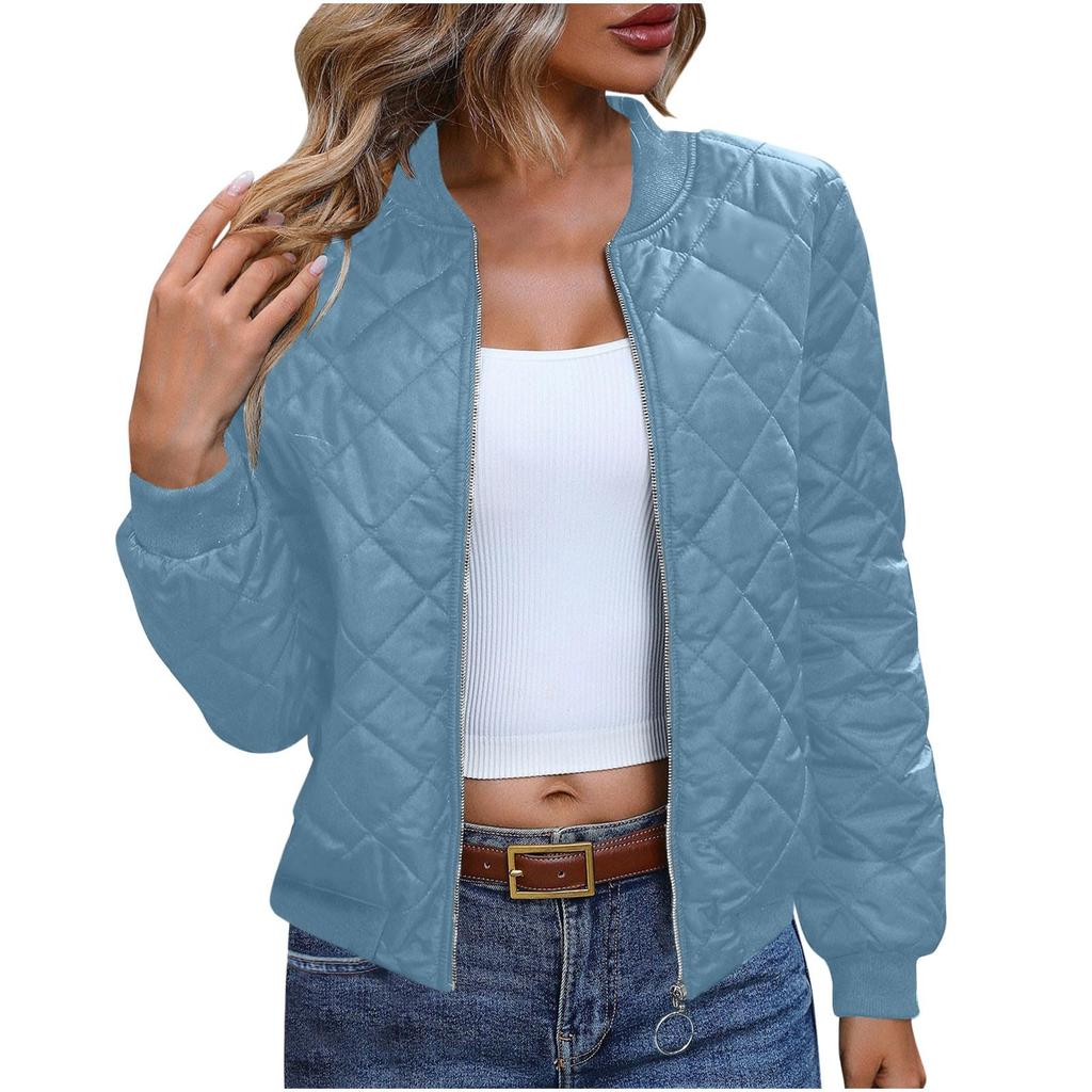 Ladies Zipper Long Sleeve Stand Collar Check Slim Baseball Padded Top Blouse Jacket Coat