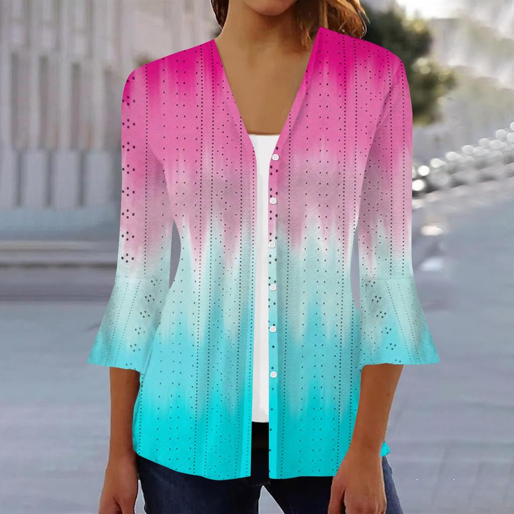 Женская мода свободный повседневный принт с рукавом три четверти рубашка на пуговицах кардиган топ