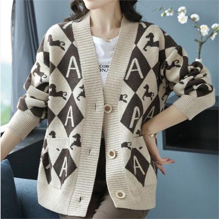 Women Plus Size Knitted Cardigan Sweater V Neck Printed Casual Loose Spring Autumn
