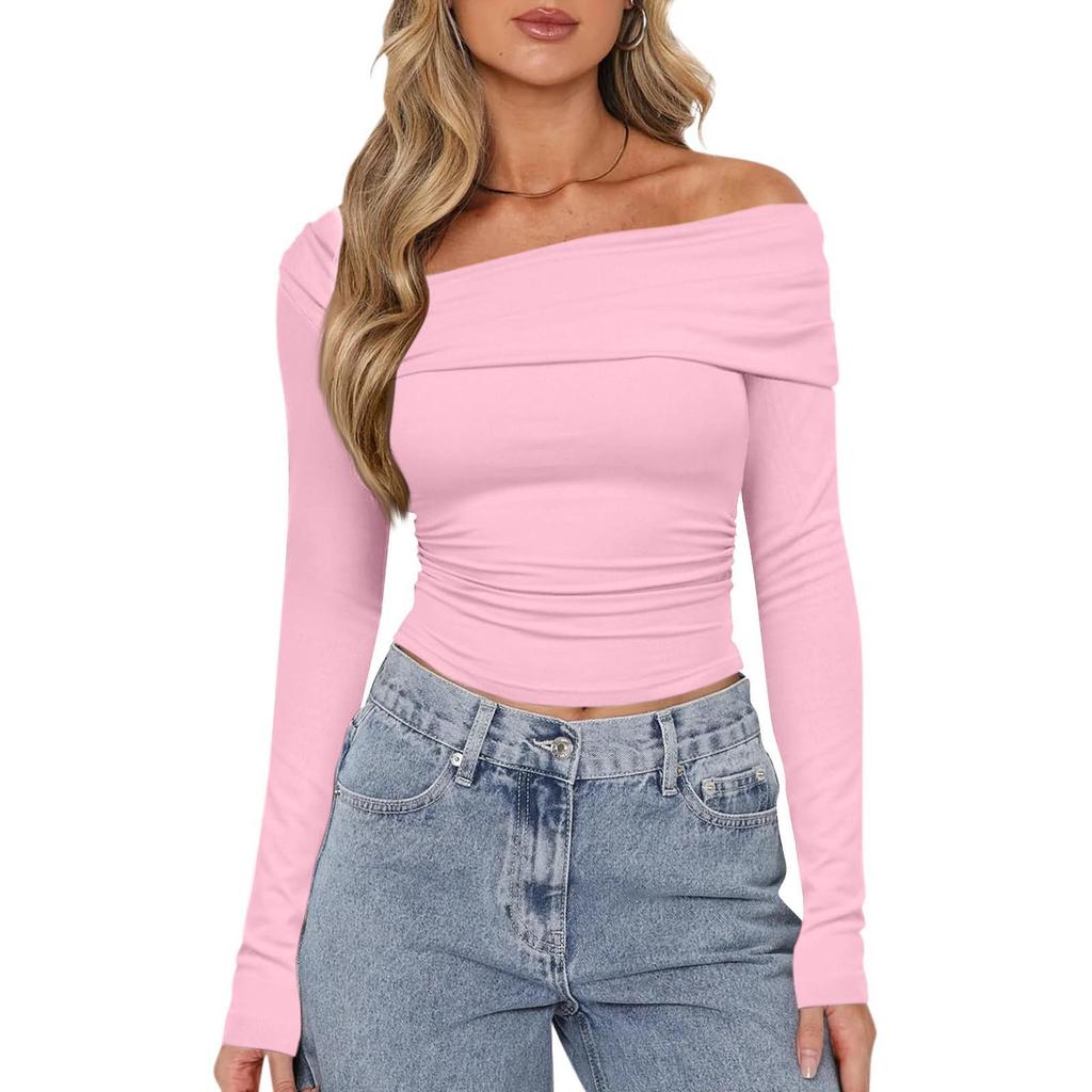 Женская мода, однотонный плиссированный топ на одно плечо с длинными рукавами, облегающий короткий топ с открытым пупком