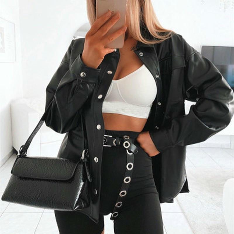 Streetwear Black PU Leather Blouse Women Cardigan Buttons Fashion Women's Shirt Top Long Sleeve Solid Leather Blouses