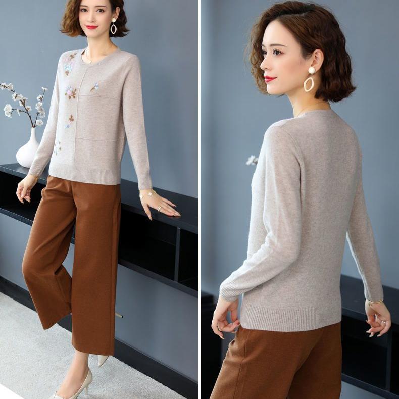 Женский свитер с круглым вырезом, большого размера, вышитый, свободный пуловер, трикотаж, эластичный трикотажный топ, джемпер, весна-осень